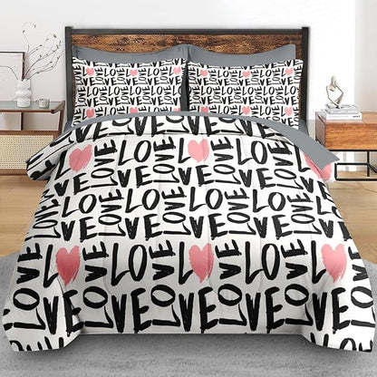Comforter Set Twin Size, Love Heart 5 Pcs Bedding for Kids and Adults, Black and Pink Bedding Sets with Fitted Sheet Pillowcase & Sham for Bedroom Bed Decor
