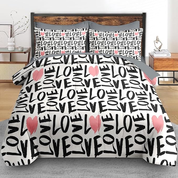 Comforter Set Queen Size, Love Heart 7 Pcs Bedding for Kids and Adults, Black and Pink Bedding Sets with Fitted Sheet 2 Pillowcases & 2 Shams for Bedroom Bed Decor