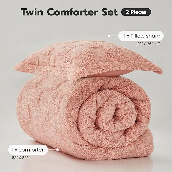 Joiedomi Tufted Twin Comforter Set, 2 Pieces Coral Pink Boho Twin Bedding Set with 1 Plaid Geometric Comforter and 1 Pillow Sham, Checkered Bed in a Bag for All Seasons