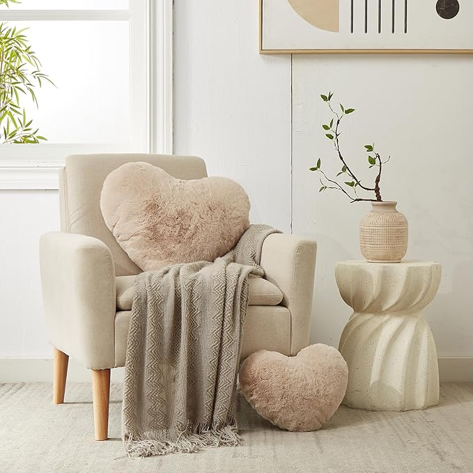YRXRUS Heart Pillow, Beige Heart Pillows, Love Pillow Gifts, 14X17 Inch Large Heart Shaped Pillows, Faux Rabbit Fur Coquette Room Decor Throw Pillows, Living, Bedroom, Indoor Outdoor