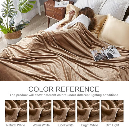 Hansleep Flannel Fleece Throw Blanket Twin Size, Super Soft Fluffy Bed Plush Blanket Throw, Luxury Fuzzy Cozy Couch Blanket for All Seasons, Camel, Twin 60x80