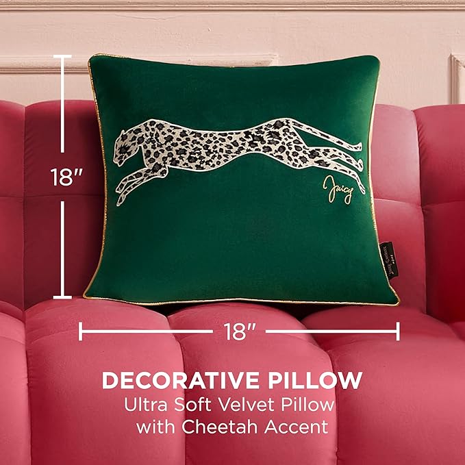 Juicy Couture Reversible Velvet Cheetah Pillow, 18" x 18" Decorative Pillow, Emerald Green