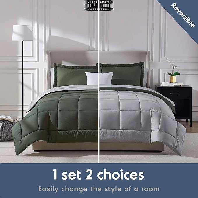 Nestl 7 Piece Queen Comforter Set – Olive Green Reversible Bed in a Bag – Complete Queen Size Bedding Set with Sheets, Pillowcases and Shams