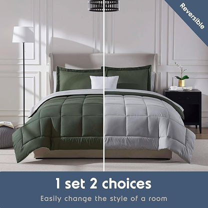 Nestl 7 Piece Queen Comforter Set – Olive Green Reversible Bed in a Bag – Complete Queen Size Bedding Set with Sheets, Pillowcases and Shams