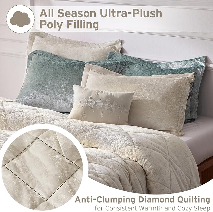 Intelligent Design Twin Comforter Set Velvet Comforters Twin Bedding Reversible, All Season, Diamond Quilted Bedding Microfiber Twin Size Comforters, Felicia, Twin/Twin XL, Champagne 3 Piece