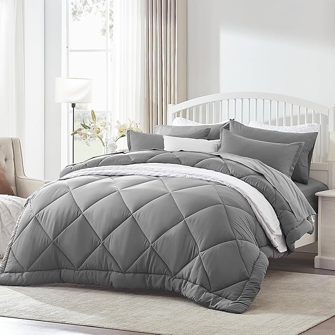 SLEEP ZONE Twin Comforter Set, 7 Pieces Comforter Bed in A Bag, Solid Color All Season Soft Down Alternative Comforter & Luxurious Microfiber Bed Sheets (Grey Square, Twin)