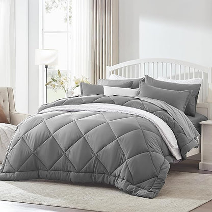SLEEP ZONE Twin Comforter Set, 7 Pieces Comforter Bed in A Bag, Solid Color All Season Soft Down Alternative Comforter & Luxurious Microfiber Bed Sheets (Grey Square, Twin)