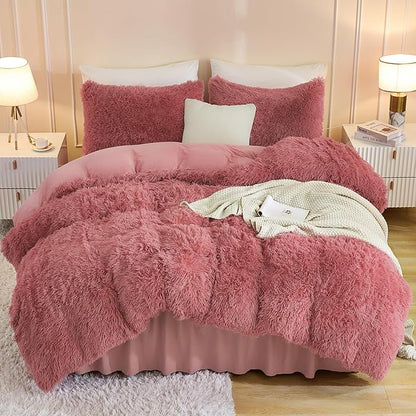 Andency Fluffy Old Pink Comforter Set Full Size, 3 Pieces Winter Faux Fur Warm Soft Fuzzy Plush Bedding Comforter Set (1 Velvet Comforter & 2 Pillowcases), Thick Heavy Comfy Comforters Bedding Set