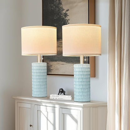 Table Lamps for Living Room Set of 2, Ceramic Table Lamps for Bedroom, 20" Modern Lamps for Night Stands, Blue