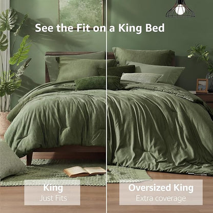 Monbix Oversized King Comforter Set - 7 Pieces Cationic Dyeing Olive Green Bed in a Bag Bed Sets with Comforter, Sheets, Pillowcases & Shams, Reversible Bedding Comforters Sets (120 * 98)
