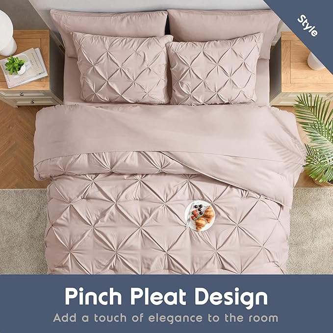 Nestl California King Comforter Set 7 Piece - Pintuck Cal King Comforter Set Blush Pink, California King Bed in a Bag, All Season Bed Set with Flat Sheet and Fitted Sheet, Pillowcases and Shams