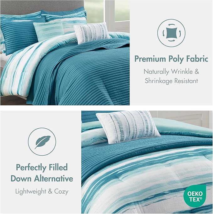 Madison Park Marina Comforter Quilt Combo Set - Modern Luxury Design, All Season Down Alternative Bedding, Matching Shams, Decorative Pillows, King/Cal King(104"x92"), Aqua 8 Piece
