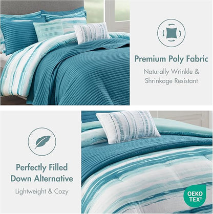 Madison Park Marina Comforter Quilt Combo Set - Modern Luxury Design, All Season Down Alternative Bedding, Matching Shams, Decorative Pillows, King/Cal King(104"x92"), Aqua 8 Piece