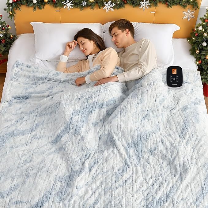 WOOMER Heated Blanket Full Size 77" x 84", Electric Blanket with 0.5-12 Hours Timer & 10 Heating Levels, ETL Certified, Marble Blue Double-Sided Faux Fur, Over-Heat Protect, Machine Washable
