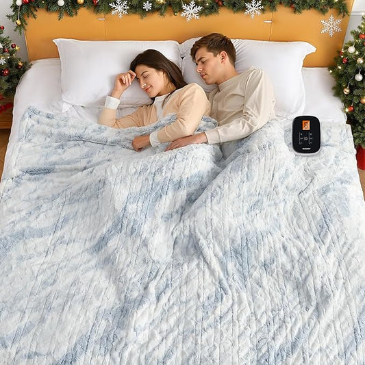 WOOMER Heated Blanket Full Size 77" x 84", Electric Blanket with 0.5-12 Hours Timer & 10 Heating Levels, ETL Certified, Marble Blue Double-Sided Faux Fur, Over-Heat Protect, Machine Washable