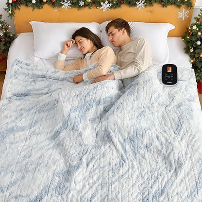 WOOMER Heated Blanket Twin Size 62" x 84", Electric Blanket with 0.5-12 Hours Timer & 10 Heating Levels, ETL Certified, Marble Blue Double-Sided Faux Fur, Over-Heat Protect, Machine Washable