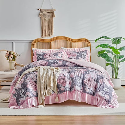 Flower Comforter Set Twin Size 68 * 86in - Gray Pink Floral with Leave Style -3 Pieces Shabby Chic Farmhouse Bedding with Ruffled Fringe Rustic Lightweight Botantical Ruffle Comforter with Shams