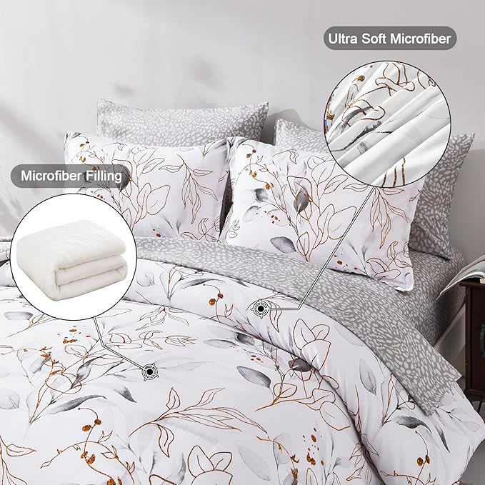 Grey 7 Pieces Grey Floral Comforter Set King, Botanical Bed in a Bag Reversible Golden Leaves Bedding Set Soft Microfiber King (1 Comforter,2 Pillowcase,2 Pillow Shames,1 Flat Sheet,1 Fitted Sheet)