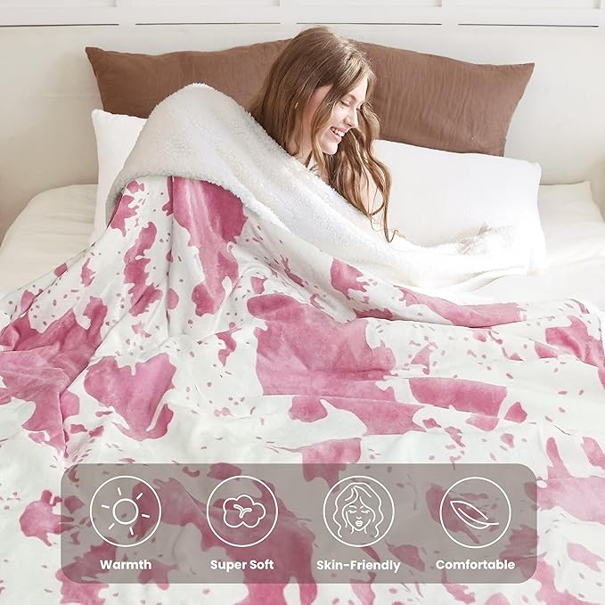 Cow Print Heated Electric Blanket King Size-Heating Blanket King Size with 10 Heat Levels & 10 Hours Auto-Off, Cozy Soft Fleece Sherpa, Washable, 90x100 Inche Cow Print Pink