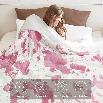 Cow Print Heated Electric Blanket King Size-Heating Blanket King Size with 10 Heat Levels & 10 Hours Auto-Off, Cozy Soft Fleece Sherpa, Washable, 90x100 Inche Cow Print Pink