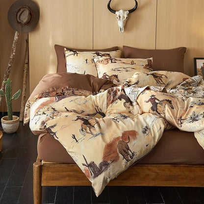 Wake In Cloud - Western Comforter Set, Rustic Ranch Life with Cowboy Southwestern Vintage Country Pattern Printed, Soft Lightweight Bedding, 3 Pieces, Ochre Brown, Queen Size