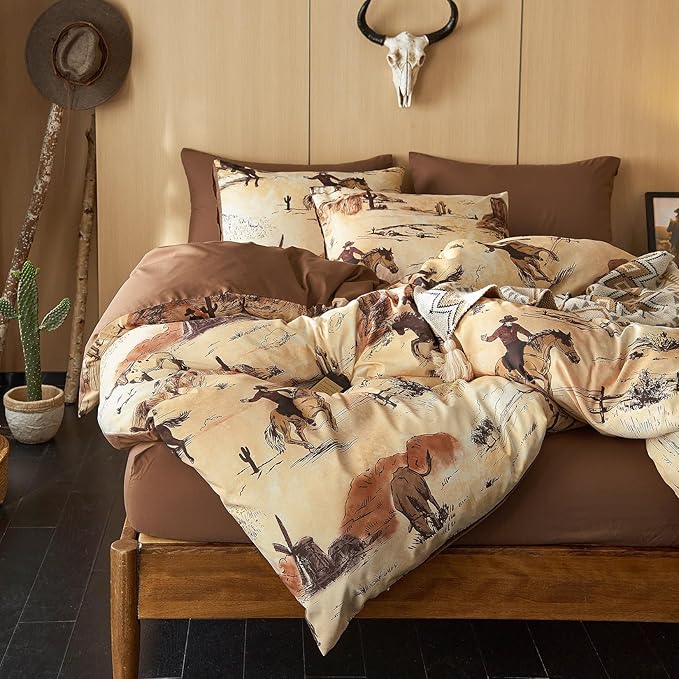 Wake In Cloud - Western Comforter Set, Rustic Ranch Life with Cowboy Southwestern Vintage Country Pattern Printed, Soft Lightweight Bedding, 3 Pieces, Ochre Brown, King Size