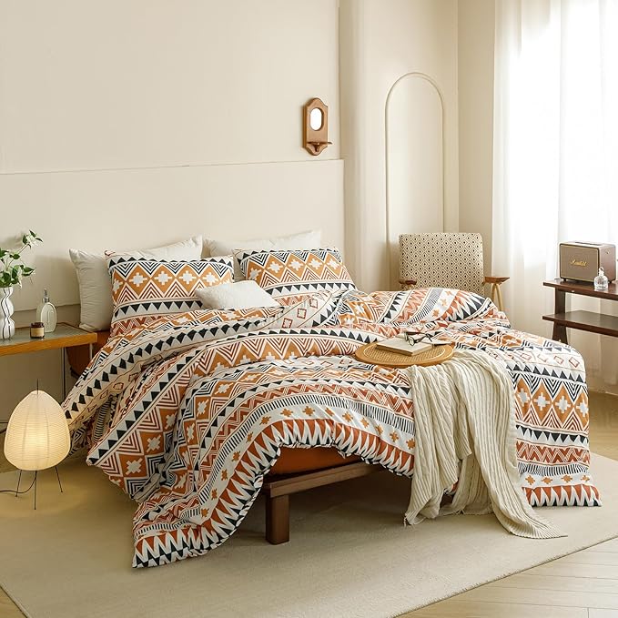 CLOTHKNOW Aztec Southwestern Comforter Set Full Geometric Bedding Comforter Sets Aztec Navajo Comforter Brown Orange Waves Striped Full Comforter Triangle Full Size Comforter Sets, Bohemian-1