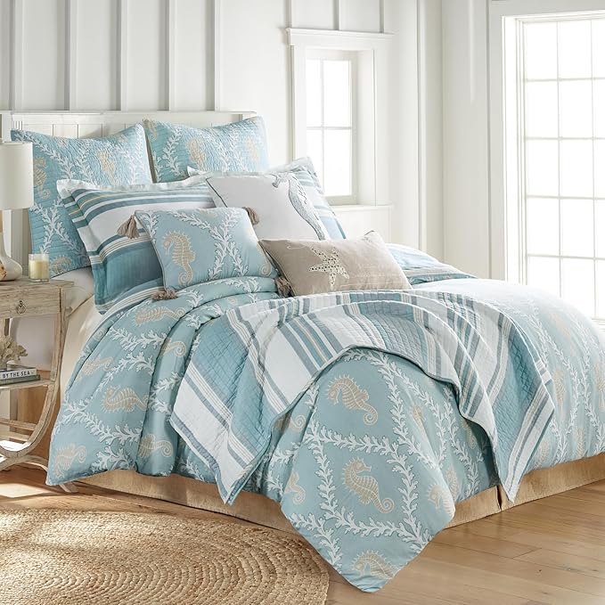 Levtex Home - Kailua Comforter Set - Twin Comforter (68x88in.) + One Standard Pillow Case (26x20in.) - Stripe - Blue Teal Taupe Cream - Cotton