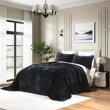 Homzard Velvet California King Size Quilt, Black Comforter Set Bedding Set (118”*106”) with 2 Pillow Shams, Patchwork Bedspread Set, All Season Bedding Coverlet 3 Piece