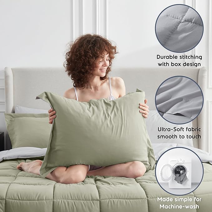 Nestl 7 Piece Queen Comforter Set – Light Sage Reversible Bed in a Bag – Complete Queen Size Bedding Set with Sheets, Pillowcases and Shams