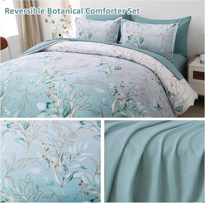 WONGS BEDDING Aqua Comforter Set King Size, 7 Pieces Aqua Botanical Bed in a Bag Comforter Complete Golden Leaves Gradient Bedding Bedding Set for All Season with Sheets,Pillowcases & Shams