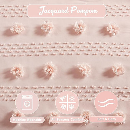 Intelligent Design King Comforter Set, Clipped Jacquard Comforter Set Chic Pompoms Accent, All Seasons Lightweight & Fluffy Comforter Bed Set with 2 Shams, Lucy, King/Cal King Pink 3 Piece