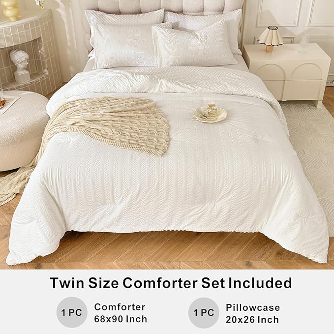 Boho Comforter Set Twin Size Striped Pleats Bohemian Seersucker Bedding Set All Season Soft Cozy 2 Pieces Quilt with 1 Pillowcase(68"X90" White)
