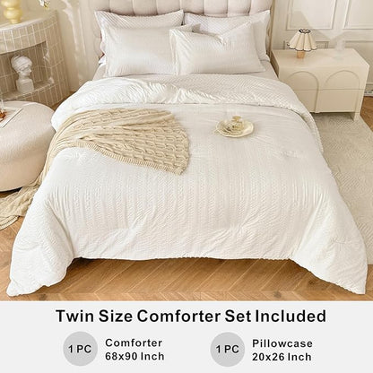 Boho Comforter Set Twin Size Striped Pleats Bohemian Seersucker Bedding Set All Season Soft Cozy 2 Pieces Quilt with 1 Pillowcase(68"X90" White)