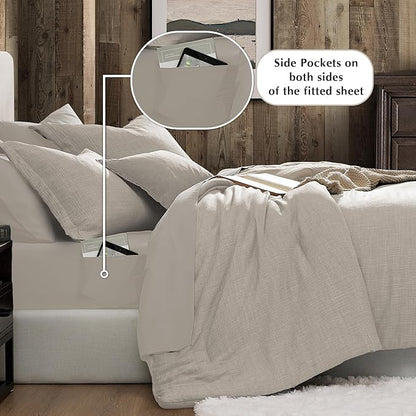 Geniospin Queen Comforter Set - 7 Pieces Comforter Queen Size, Soft Solid Bedding Set for All Season, Textured Bed in a Bag with Flat Sheet and Fitted Sheet, Pillowcases & Shams (Ivory, 90''x90'')