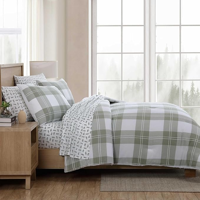 Eddie Bauer - Full/Queen Comforter Set, Premium Cotton Embroidered Bedding with Matching Sham(s), Plaid Bedding Set (Mountain Embroidery Plaid Green, Full/Queen)