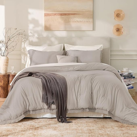 Andency King Size Comforter Set Heather Grey, 3 Pieces Boho Soft Lightweight Bedding Comforter Sets, Tassel All Season Bed Set (104x90In Comforter & 2 Pillowcases)