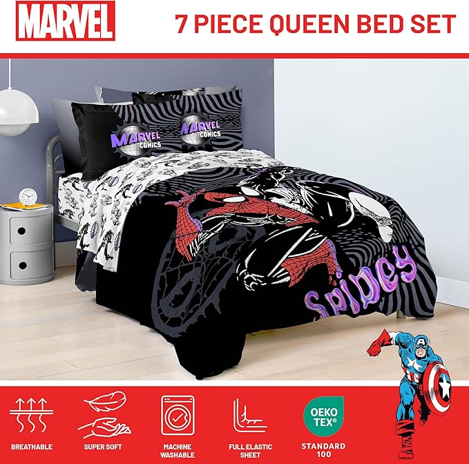 Jay Franco Kids Comforter Set Includes Sheets and Pillow Covers - Soft and Cozy Bed Set for Stylish Room Decor, Black - Marvel Comics, 7 Piece Queen Size Bedding