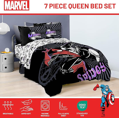 Jay Franco Kids Comforter Set Includes Sheets and Pillow Covers - Soft and Cozy Bed Set for Stylish Room Decor, Black - Marvel Comics, 7 Piece Queen Size Bedding