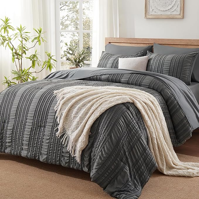 Dark Grey Tufted Textured Comforter Set Queen Size, 7 Piece Bed in a Bag，Shabby Chic Boho Bedding for Bedroom Comforter，All Season Soft Microfiber Ruffle Comforter Set with Pillow and Sheets