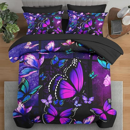 Comforter Set Queen Size, Summer Purple Butterfly 7 Pcs Bedding for Kids and Adults, Vintage Galaxy Space Bed Sheet Sets with Fitted Sheet 2 Pillowcases & 2 Shams for Bedroom Bed Decor