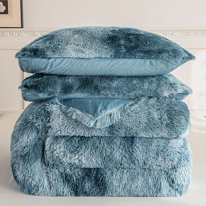 chovy Faux Fur Tie-Dyed Blue White Colorful Comforter Sets Queen - 3PC Bed Set Ultra Soft Plush Flannel Velvet Fluffy Fuzzy Bedding（Comforter x 1 Pillowcases x 2）