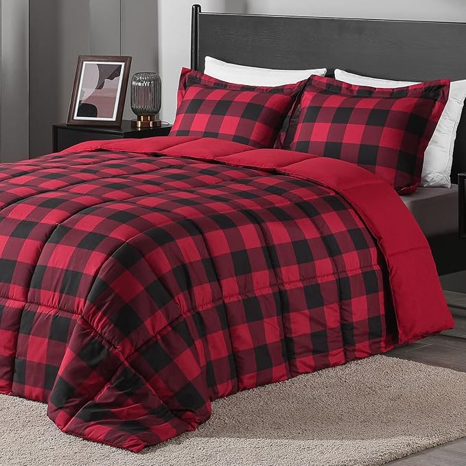 downluxe Lightweight Plaid Comforter Set (Twin) with 1 Pillow Sham - 2-Piece Set - Red/Black Plaid - Down Alternative Reversible Comforter
