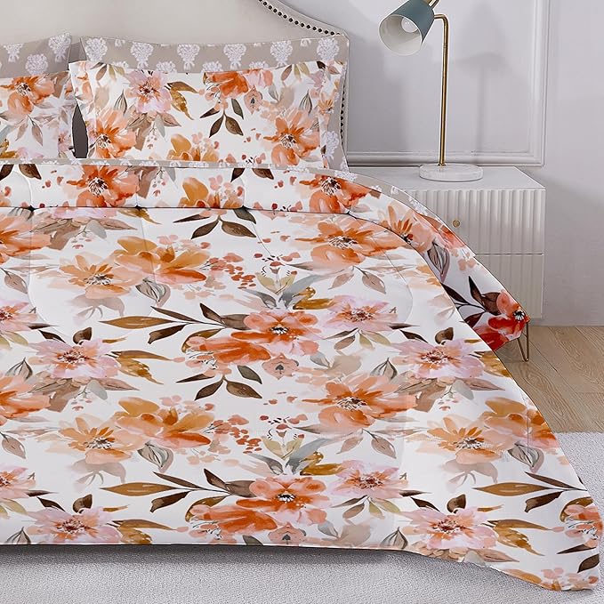 Floral Queen Comforter Set with Sheets, 7 Piece Luxury Vintage Bedding, Soft Microfiber Bed in a Bag, Cozy Lightweight Bed Set, Burnt Orange Flower Brown Leaf Fall