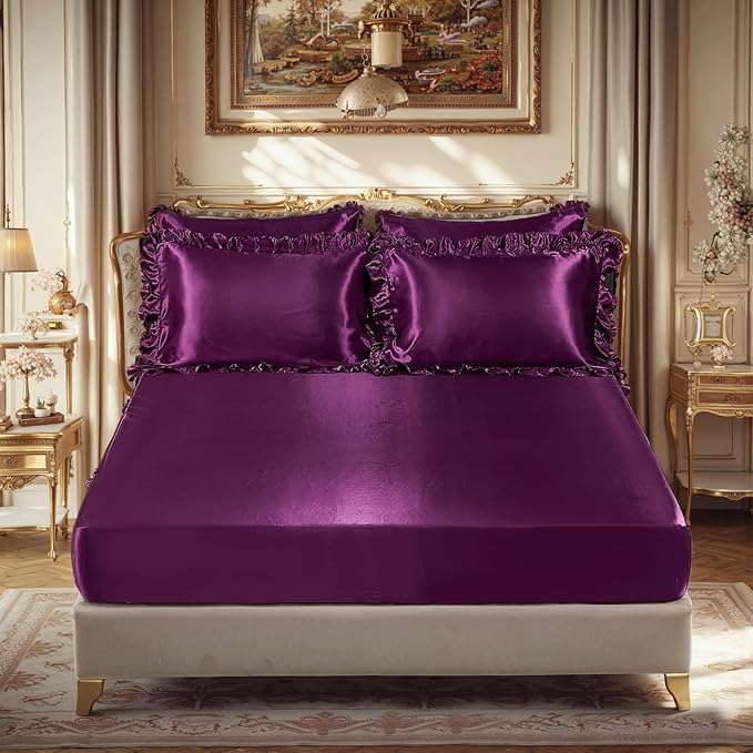 Silk Like Satin Comforter Set with Sheet Set King 8 Pcs Purple Satin Bedding Set Silky Ruffle Pattern Home Deocr Luxury Hotel Silky Bed in a Bag with 1 Cushion Cover