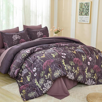 Yiran Purple Comforter Set Queen Size, 7 Piece Floral Dandelion Comforter Bedding Set, Botanical Bed in a Bag Queen, Soft Microfiber Complete Bedding Set with Sheets for All Season