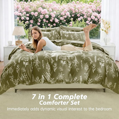 MUXHOMO Olive Green Full Comforter Set, Elegant Floral Print Bed in a Bag 7 Pieces, Ultra Soft & Breathable Reversible Botanical Pattern Bedding Set with Comforter, Sheets, Pillowcases, and Shams