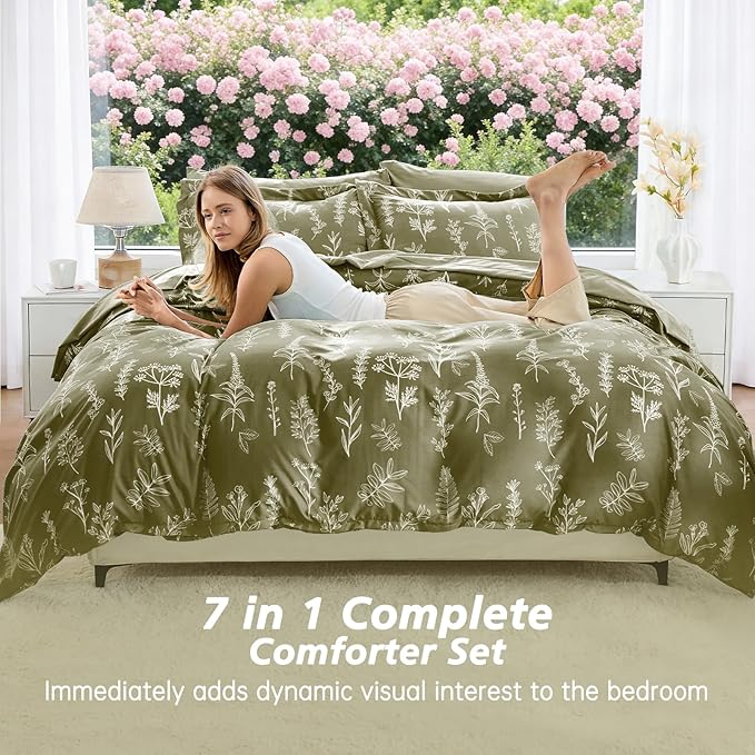 MUXHOMO Olive Green King Comforter Set, Elegant Floral Print Bed in a Bag 7 Pieces, Ultra Soft & Breathable Reversible Botanical Pattern Bedding Set with Comforter, Sheets, Pillowcases, and Shams