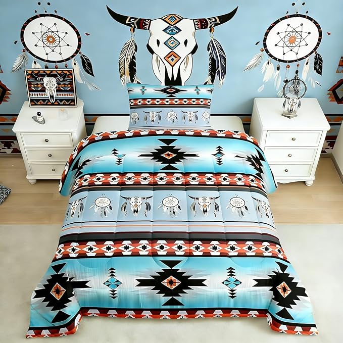 Erosebridal Western Boho Duvet Insert Twin,Cow Dream Catcher Comforter Set Southwestern Bedding Set,Ethnic Tribe Arrow Aztec Bed Quilt Retro Vintage Exotic Longhorn Skull Bohemian Decor Green