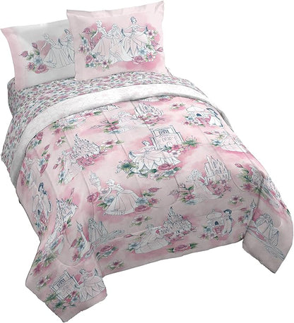 Jay Franco Kids Comforter Set Includes Sheets and Pillow Covers - Soft and Cozy Bed Set for Stylish Room Decor, Pink - Disney Princess, 7 Piece Queen Bedding